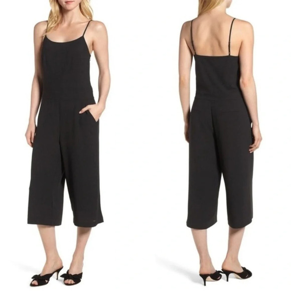 ✨NWT 1 State Black Spaghetti Strap Wide Leg Cropped Culotte Jumpsuit Romper XS - Picture 5 of 9